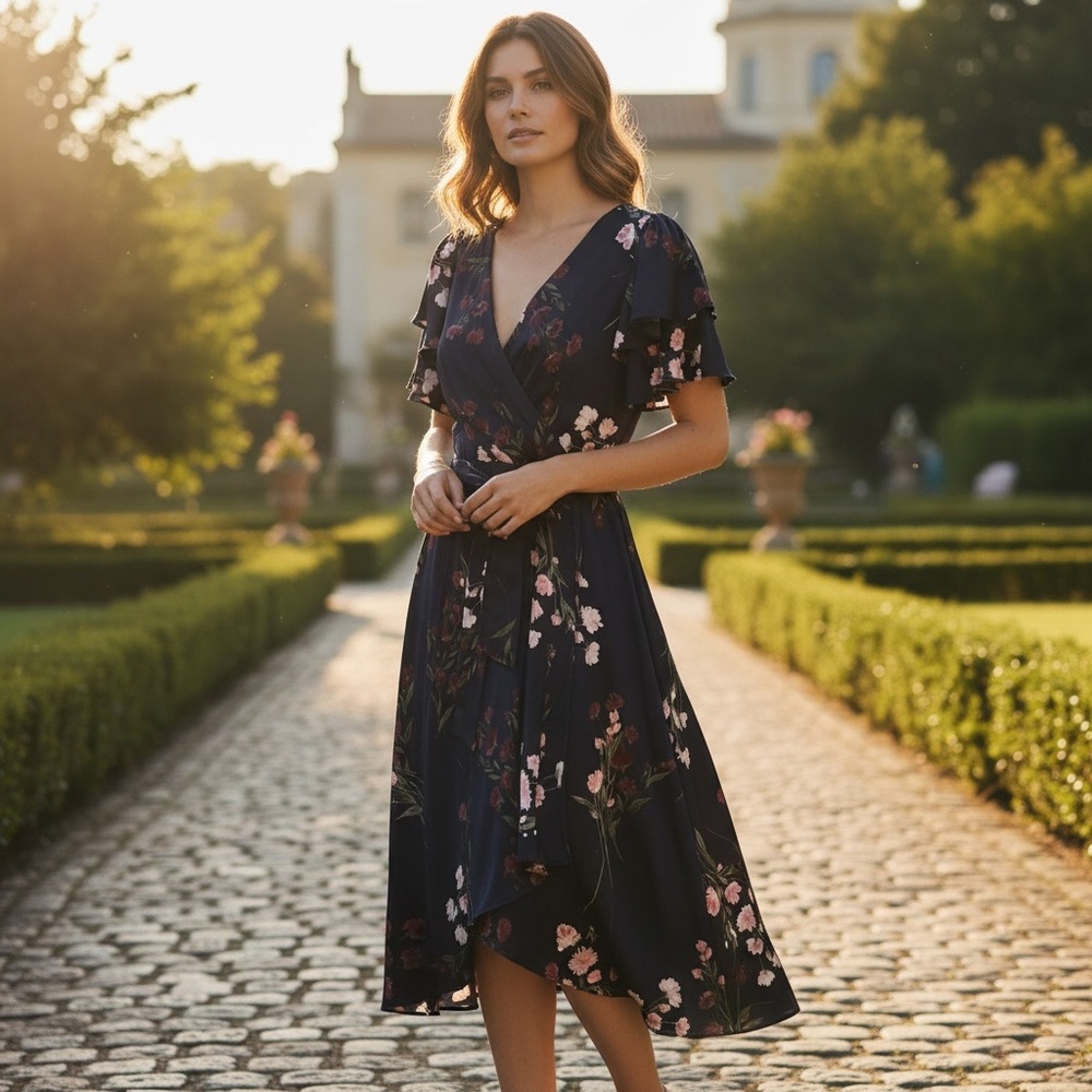 DKNY Navy Floral Midi Dress with Pink Accents